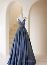 Blue V-Neckline Straps Low Back A-Line Semi Formal Prom Dress, Blue Long Evening Dress